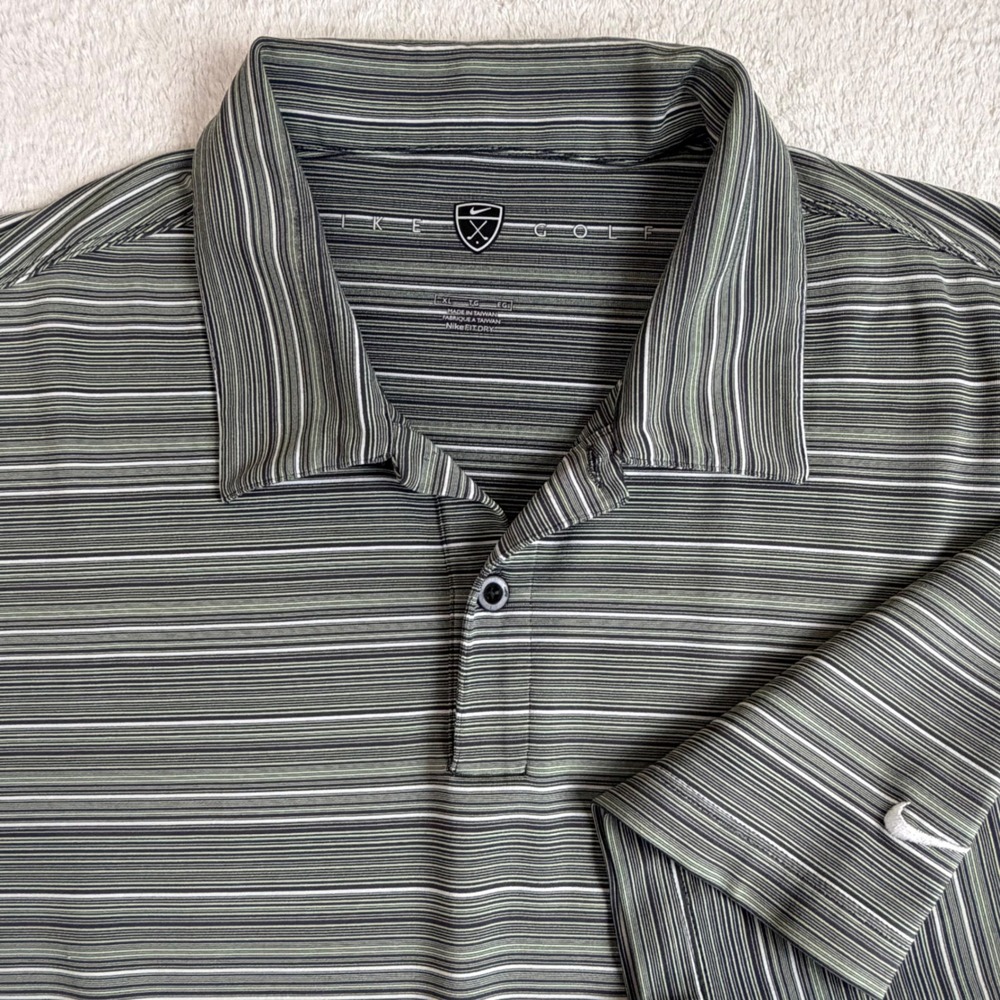 Nike Golf Polo Shirt Mens XL Green Striped FIT DRY Performance Short Sleeve